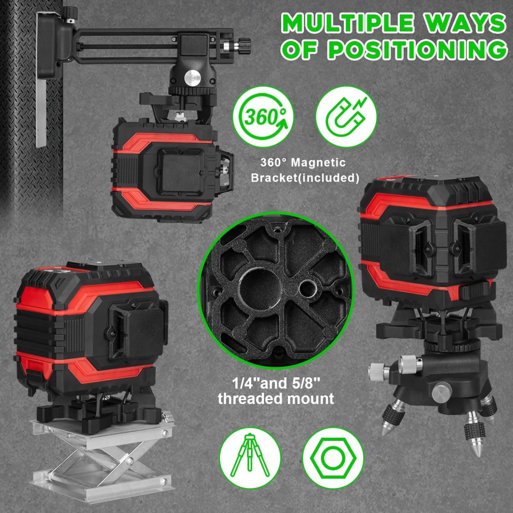3D Laser Level Self-Leveling with 12 Lines, Green Laser 3 x 360 ° Horizontal Vertical Cross line Rechargeable Laser Magnetic/Lifting/Rotary Base for Indoor
