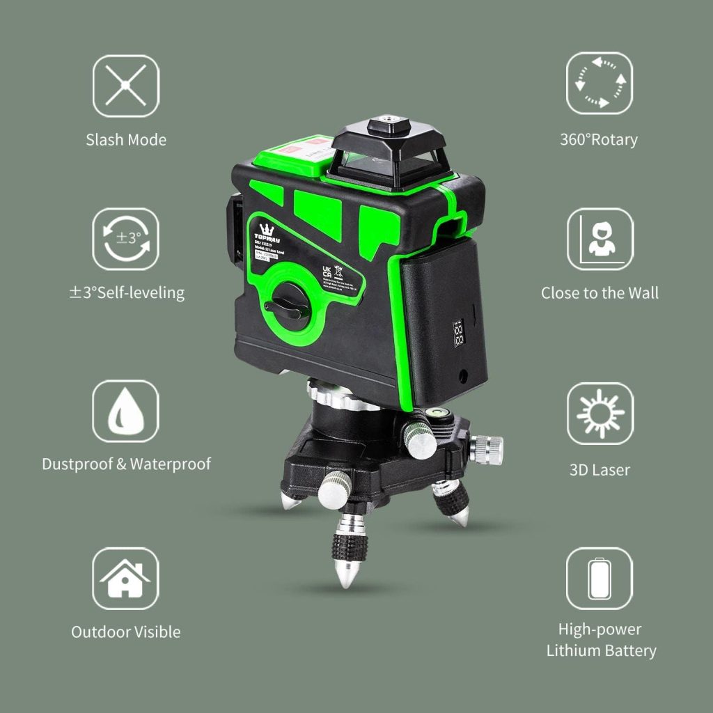 TOWPWAY 3D Laser Level 12 Lines, 3X360 Degree Green Cross Line Self-Leveling Tiling Floor Laser Tool with Pulse Mode and Pendulum Lock for Indoor and Outdoor, 2X4000mAh Batteries Included 311519